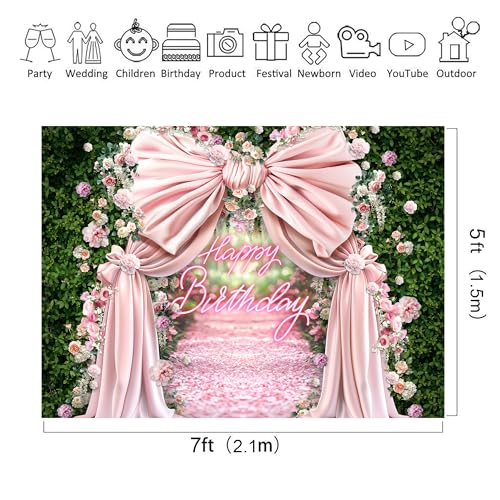 Riyidecor Happy Birthday Backdrop Polyester Fabric Pink Bow Floral Green Leaves Botanical Plant Nature Blossom Neon Flower Wall 7Wx5H Feet Girls Photography Background Birthday Photo Studio Shoot - color: A-Green a Bow, size: 7Wx5H