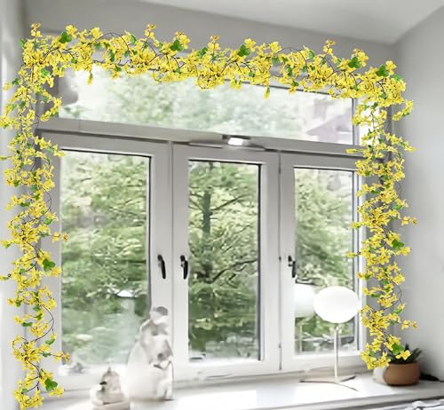 5Pcs Artificial Flowers Vine Yellow Spring Silk Flowers Garland Artificial Jasmine Vines for Decoration Fake Flower Vine Hanging Ivy for Indoor Outdoor Wall Party Wedding Arch Decoration