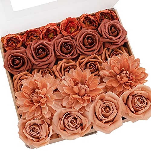 Ling's moment Artificial Flowers Fake Silk Dahlia Faux Foam Roses Combo for DIY Wedding Bouquets Centerpieces Arrangements Bridal Shower Party Home Decorations, Amber & Terracotta, 23pcs - color: Or-amber & Terracotta
