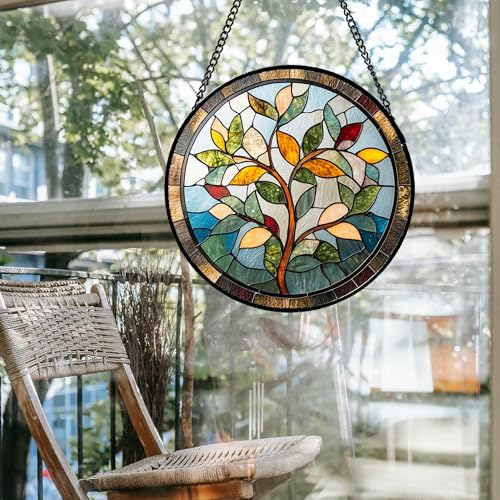 Stained Glass Window Hanging Colorful Tree of Life 6.3" - Plant Leaves Suncatcher Door Garden Sun Catcher Home Decor Birthday Christmas for Mom Men Woman Nana Friend - color: Brown and Green, size: 6.3x6.3 IN