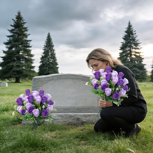Artificial Rose Bouquets Fake Roses Flowers Set of 4 Realistic Silk Flowers for Cemetery Headstone Home Wedding Decoration UV Resistant No-Fading(Purple) - color: Purple