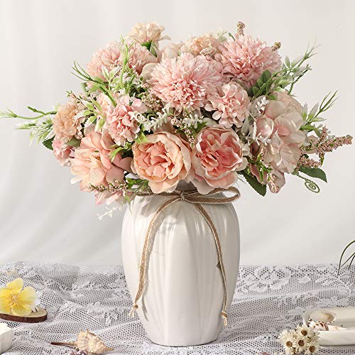 Peonies Artificial Flowers in Vase, Fake Hydrangea Silk Peony Flower Bouquet with Vase Faux Flowers Arrangement Decor Home Table Dining Room (Pink) - color: Pink