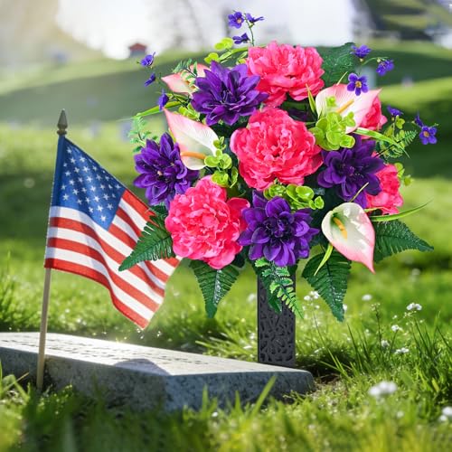 Dolicer Artificial Cemetery Flowers for Grave, Set of 2 Memorial Grave Flowers for Cemetery with Vase Realistic Silk Gravesites UV Resistant Peony Flowers Decorations (Red with Purple) - color: Purple-red