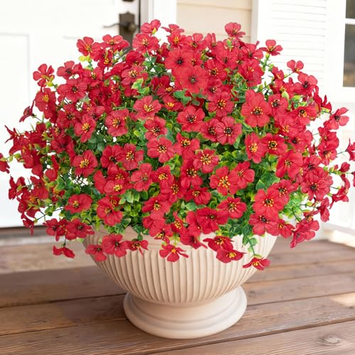 Bassion Artificial Flowers for Outdoors, 16 Bundles UV Resistant Fake Flowers Realistic Silk Faux Plants for Outdoor Planter Hanging Basket Window Box Porch Patio Garden Home Outside Decorations - color: Red