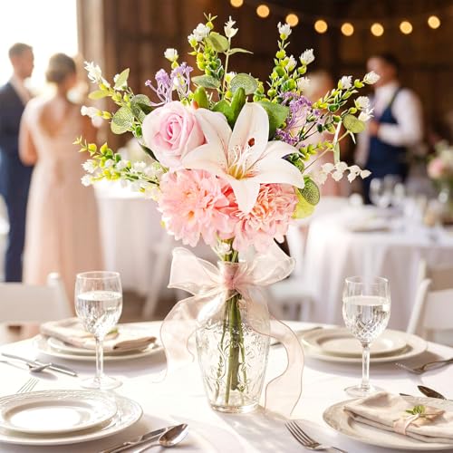 Suncalla Artificial Flowers Bouquet Romantic Fake Flower for Decoration and Wedding, Mix Faux Flowers Spring Decorations for DIY Bouquet Home Floral Arrangement Tables Centerpieces Decor