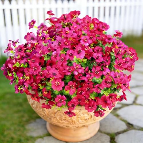 Artificial Flowers 12 Bundles, Faux Daisy and Eucalyptus Greenery Stems for Outdoor Indoor Decor - Fake Plants for Home, Garden, Patio, Porch Decoration - color: Rose Red