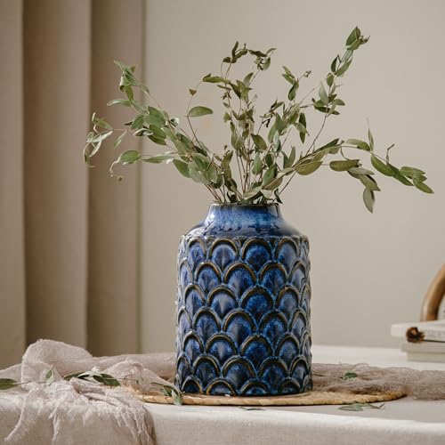 Ceramic Flower Vase, 7.28” Vintage Blue Pottery Vase for Home Decor, Rustic Textured Vase for Pampas Grass, Living Room, Entryway, Mantel, Kitchen Table, Centerpiece - color: 203-blue