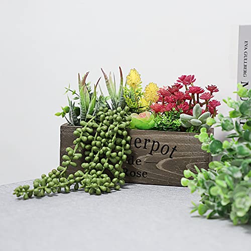Hopewood Artificial Succulent Plants Arrangement in Wooden Planter, Fake Succulents Plants in Rustic Wood Box,Faux Succulent in Rectangular Pot,Centerpiece,Home Office Shelf Indoor Decor Plants