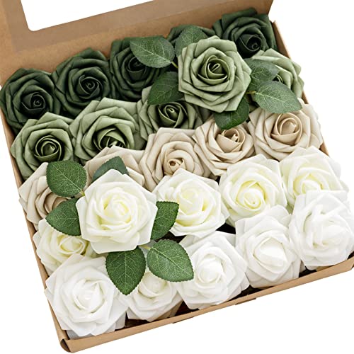Ling's moment Artificial Flowers, 25Pcs 3" Roses in Sage Shades, Realistic DIY Foam Floral Decor for Wedding Bouquets/Centerpieces, Outdoor Party Backdrops, Room/Table, and Garden/Pot Decorations - color: Shades of Emerald & Tawny Beige, size: 25Pcs