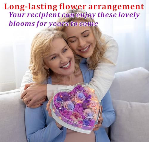 Valley of Rain & Forest Long-Lasting Real Flowers With Delivery | "Sweet" Preserved Floral Gift With Lights For You to Send Love, Romantic Home Decor (Forever Purple & Pink Roses Arrangement) - color: Purple & Pink Roses