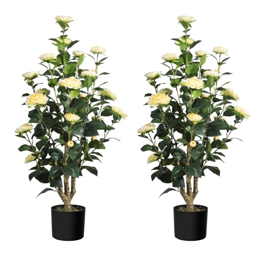 MARCH WIND 3FT Light Yellow Artificial Camellia Plants 2 Pack with Pots, Faux Flowering Tree for Indoor Outdoor Home Decor, Fake Potted Plant for Living Room, Porch, Patio - size: Light Yellow Camellia - 3FT