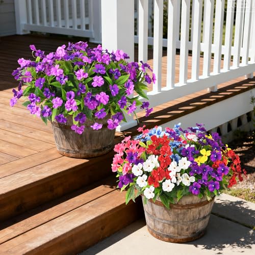 Artificial Impatiens Flowers for Outdoors, 6 Bundles Multicolor Silk Fake Flowers for Spring Summer Decoration, UV Resistant Faux Plants Plastic Bouquet for Home Planter Porch Patio Yard Decor - color: Purple,blue,red,hot Pink,white,yellow