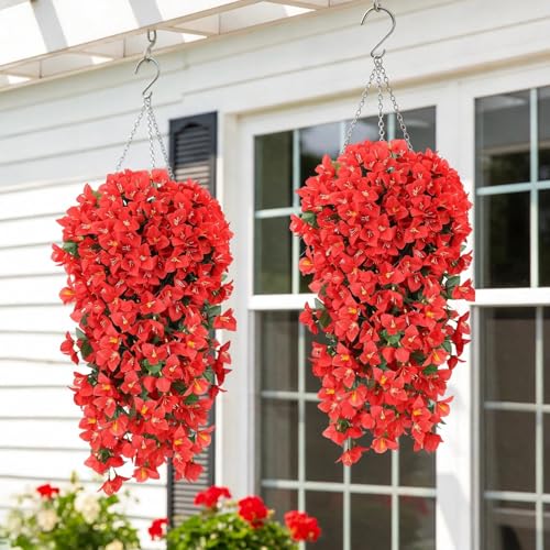 ATTGREAT Artificial Bougainvillea for Outdoors Faux Plants UV Resistant Flowers Fake Plastic Plants Realistic Silk Flowers for Porch Planter Garden Outside Hanging Decoration, 2Pcs (Red) - color: Red