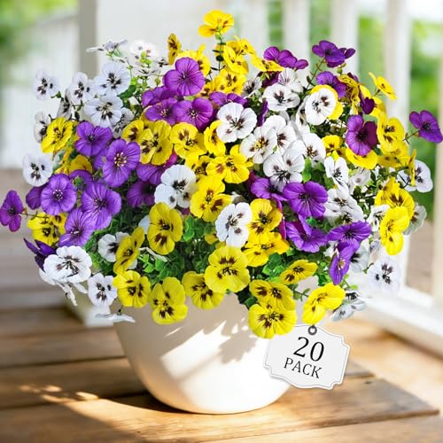 20 Pcs Artificial Fake Pansy Flowers for Outdoors, Faux Silk Pansies Spring Flowers UV Resistant Artificial Plants Outdoor for Planter Front Door Porch Yard Patio Home Decor(Purple Yellow White) - color: Purple, Yellow, White, size: 20 Pcs