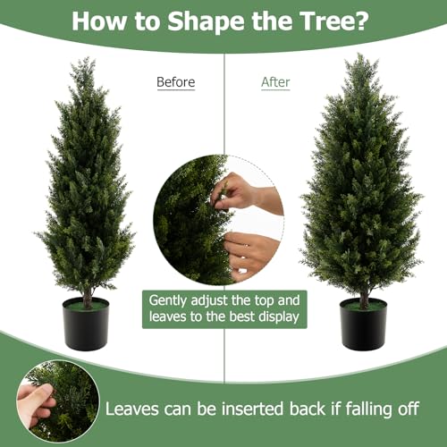 Goplus 3FT Artificial Topiary Cedar Tree, Faux Potted Plants Artificial Cypress Tree with Cement Plastic Pot, Fake Evergreen Artificial Topiary for Indoor Outdoor Home Front Porch Decor - size: 3ft 2in
