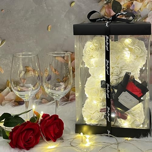 Romantic Valentines Day Gift for Her, Artificial Flowers Bouquet Necklace Rose Teddy Bear with Real Pearl Blind Box Birthday Gift, Valentiness Day Gift for Monther Wife Girl (White) - color: White
