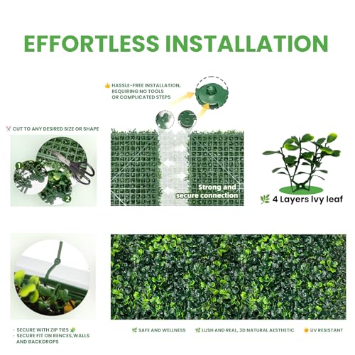 Artificial Grass Wall Panels - 12 Pack 10"x10" Ivy Privacy Fence Screen for Indoor Outdoor, Anti-UV Boxwood Hedge for Wedding & Event Decor, Greenery Wall with DIY Light Strip & Flowers (8.33 Sq.Ft)