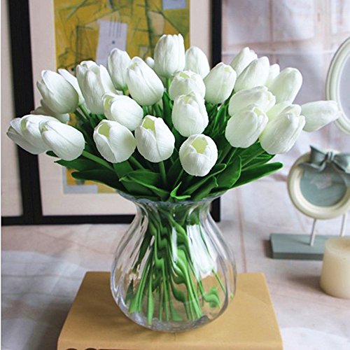 PU Fake Tulips Real Touch Artificial Flowers 10Pcs Flower Arrangement Bouquet for Home Office Wedding Decoration (White) - color: White