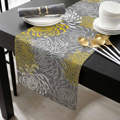 Floral Table Runner-Yellow Gray White Cotton linen-Small 36 inche Dresser Scarves,Flower Tablerunner for Kitchen Coffee/Dining Table Bedroom Home Living Room,Summer Spring Holiday Dinner Scarf Decor - color: Texturezld5966, size: 13x36 Inch