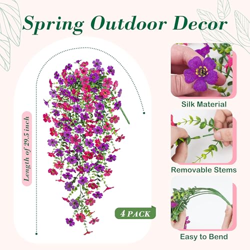 Der Rose Artificial Hanging Flowers for Outdoors, 4 Pcs UV Resistant Cascading Fake Outdoor Flowers 29.5" Faux Outdoor Hanging Flowers for Outdoor Planter Porch, Patio, Garden Decor