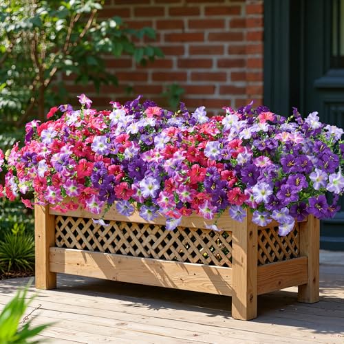 Artificial Flowers for Outdoors Fake Plants Outside Decoration, 20 Bundles Silk Petunia with Eucalyptus UV Resistant Realistic Faux Flowers for Outdoor Planters Garden Balcony Yard Porch Patio, Mix - color: 4mix(5 Purple, 5 Gradient Purple, 5 Fuchsia, 5 G