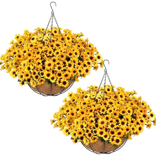 Zythrem Artificial Flowers Hanging Basket UV Resistant Faux Flower Hanging Baskets for Outside Large Silk Hanging Sunflower Decor Fake Mums for Front Porch Yard Gardeng Patio Summer - size: 13in
