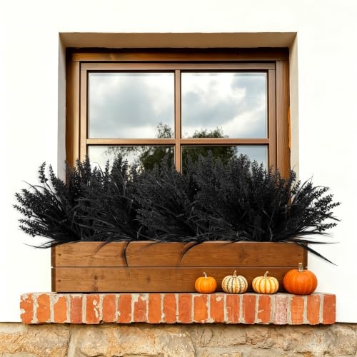 RECUTMS Fake Black Plants 14.6" UV Resistant Halloween Faux Outdoor Flowers | 12Pcs,Faux Wheat Grass with Flowers Artificial Fern Fall Stems for Autumn Hanging Planter Pathway Window Box Garden Decor - color: Black