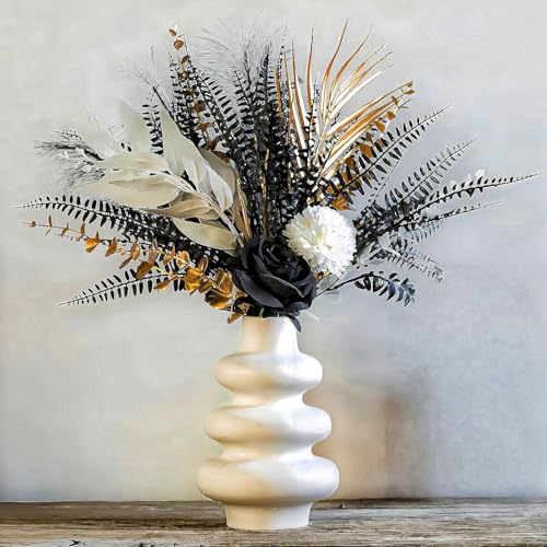 Gothic Artificial Flower Bouquet, 17-Inch Black Roses With Gold Metallic Fern Leaves, 13pcs of Faux Flower Arrangements, Church Wedding Centerpieces, Home Decoration, Halloween (Vase Not Included) - color: Gothic Black Gold - 1