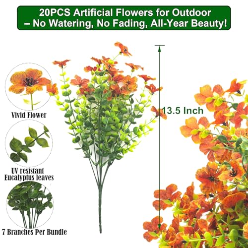 Grunyia 20 Bundles Artificial Flowers for Outdoors, UV Resistant Fake Plants Flowers Greenery Shrubs Plants for Decoration Outside Plants Hanging Planter Home Garden Decor (Orange) - color: Orange