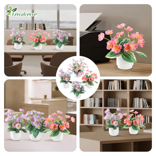 Boho Style 4-Piece Silk Flower Arrangement | Realistic Artificial Plants with Vase | Daisy & Lily Pots | No Maintenance Required