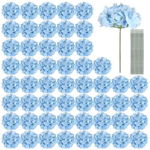 Auihiay 64pcs Blue Hydrangea Artificial Flowers, Artificial Hydrangea Flowers with Stems, Faux Hydrangea Flowers for Wedding Centerpieces, Baby Shower, Birthday Party Decoration - color: Light Blue