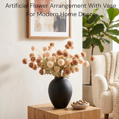 Artificial Flowers with Vase for Home Decor - Faux Mum Flower Arrangement Centerpiece, 12 Stems Beige and Brown Silk Flowers in Black Iron Vase for Dining Table Living Room Office Bedroom - size: Beige/Brown Bouquet in Vase