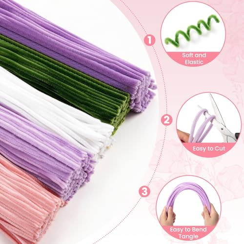 Pipe Cleaners Craft, 500 PCS Pipe Cleaner Flower Kit with 5 Colors Chenille Stems, Floral Wires, Ribbon, Gardening Tape & Stamen for DIY Bouquets, Arts and Crafts Supplies - color: Multicolor-A