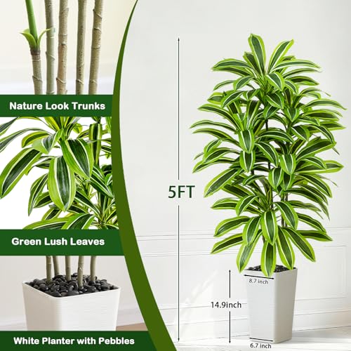 Artificial Yellow Dracaena Tree - 5FT Tall Fake Plants with White Tall Planter - Artificial Plants Indoor Floor Plant in Pot - Large Tropical Fake Yucca Potted Tree for Home Office Living Room Decor - color: White-yellow Leaf, size: 5 FT