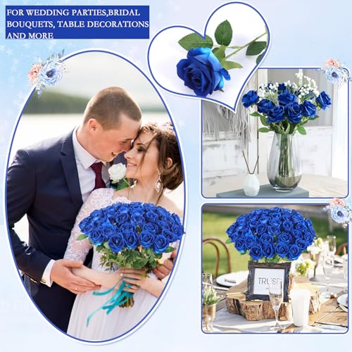 Hananona 50 Artificial Roses in Bulk, Fake Silk Roses Realistic Blue Roses for Wedding Centerpieces Flower Arrangement Home Decor (50, Blue) - color: Blue