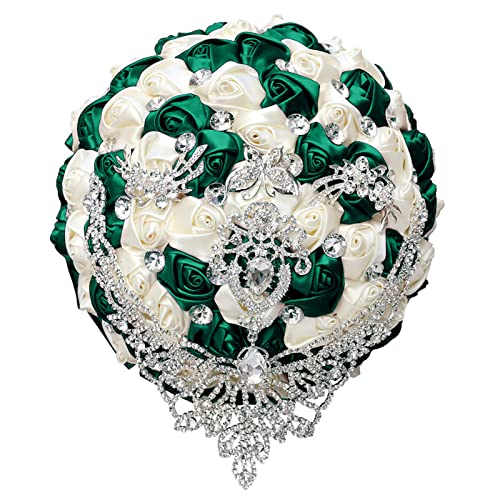 XINNI Emerald Green Wedding Bridal Toss Bouquet for Bride Bridesmaid Satin Rose Flower Wedding Bouquet with Drop-Shaped Rhinestones Dark Green and Ivory - color: Dark Green + Ivory