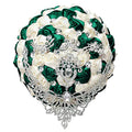 XINNI Emerald Green Wedding Bridal Toss Bouquet for Bride Bridesmaid Satin Rose Flower Wedding Bouquet with Drop-Shaped Rhinestones Dark Green and Ivory - color: Dark Green + Ivory