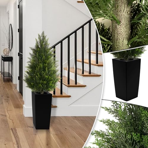 4FT Tall Artificial Cedar Topiary Tree with Compact Pyramidal Shape, Realistic Faux Cypress in Square Black Pot with Fillable Water Bag, Outdoor Evergreen for Front Porch Garden Home Decor - color: Black-pyramid Topiary, size: 4ft-1pack