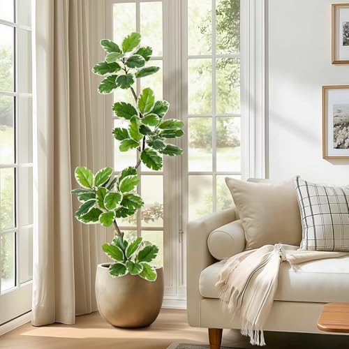 Garvee Fiddle Leaf Fig Tree Artificial Indoor, Faux Floor Plant, 5FT Tall Fake Plant with Planter and Pebbles, Artificial Trees for Home Decor Indoor,Tall Fake Tree for Housewarming - size: 5ft