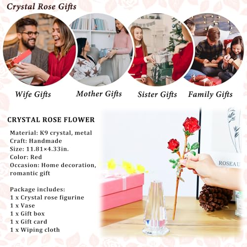 Arikyrist Red Rose Flower Crystal Figurine with Vase, Handmade Bouquet Glass Flowers Ornament Rose Gifts for Wife Girlfriend Women, Crystal Flower Home Table Decor for Valentine Anniversary - color: Red 1