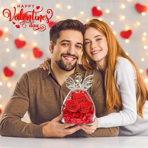 Beferr Gifts for Mom Birthday Gifts for Women, Fresh Flowers for Delivery Forever Preserved Rose in Glass Angel Figurine, Anniversary Christian Real Rose for Grandma Wife Mother from Daughter Son - color: G Red