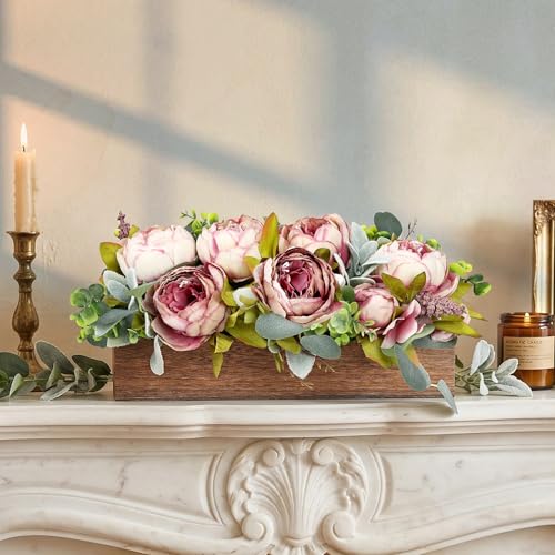 Pre-Made Flower Table Centerpieces for Dining Room Wedding Artificial Peony Table Decorations Wood Tray with Fake Flowers for Living Room Party Bar Kitchen Table(Vintage Pink) - color: Vintage Pink
