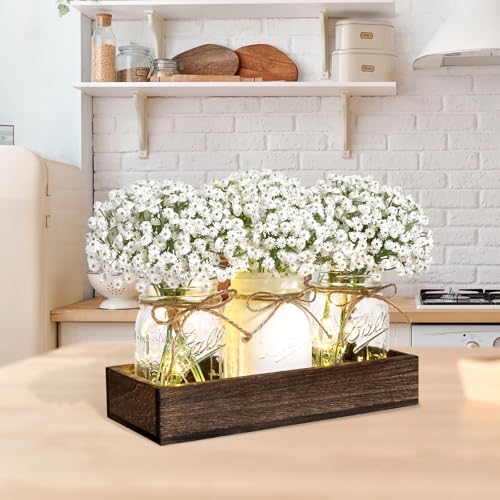 BLEUM CADE Mason Jar Centerpiece Table Decorations, Lights Centerpiece for Kitchen Dining Table Farmhouse Coffee Table Wedding Home Decor with 3 Jars Babys Breath Artificial Flowers & Wood Tray - color: White-babys Breath