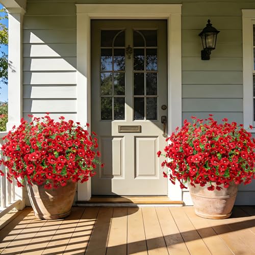 Roberly 20 Bundles Artificial Flowers for Outdoors, Fake Silk Flowers with Plastic Eucalyptus Greenery Stems Realistic Faux Plants for Spring Summer Porch Patio Yard Garden Vase Home Decor, Red - color: Red