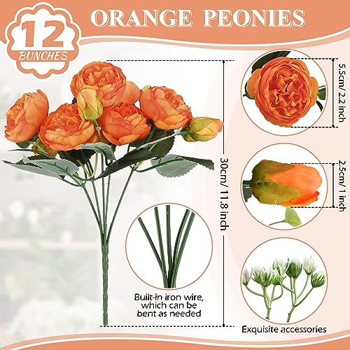 Hoteam 24 Bundles Artificial Peonies Flowers Wedding Faux Flowers Silk Peony Bouquet Bulk Bride Fake Florals Arrangements for Table Centerpieces Wedding Party Vase Decor (Orange, White) - color: Orange, White