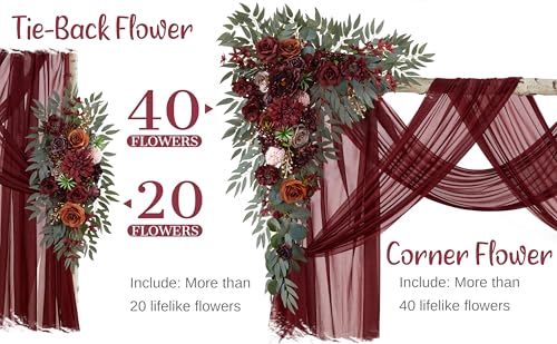 Wedding Arch Flowers with Drapes Kit (Pack of 4) - 2pcs Artificial Burgundy Deluxe Swag with 2pcs Sheer Drapes for Wedding Ceremony Arbor Reception Backdrop Rose Floral Decoration - color: Burgundy