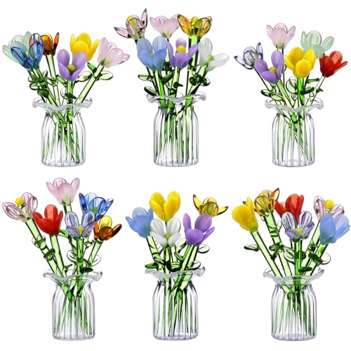 FoldTier 42 Pcs Mini Glass Flower Decoration Hand Blown Glass Flower Figurines Collectible Ornaments with Vase for Mothers Day Birthday Table Centerpiece Garden DIY Craft(Tulip) - style: Tulip