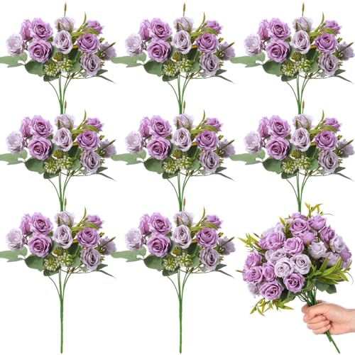 Zeyune 8 Pack Artificial Mini Purple and Lilac Roses 12 Inch Fake Flowers with Stems 80 Small 1.6 Inch Flower Heads Silk Mini Rose Bouquets for Wedding Centerpieces, Bridal Bouquets, Home Party Decor - color: Purple and Lilac