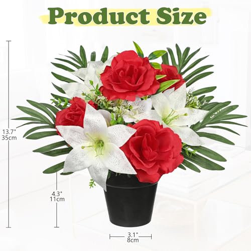 Hollyone Artificial Cemetery Flower for Graves, White Red Faux Lily Rose Flowers in Pot Silk Cemetery Memorial Flowers for Outdoors Gravesites Headstones Home Decoration - color: Red & White-rose Lily