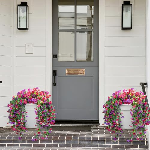 2 PCS Artificial Hanging Flowers for Outdoors Decorations, Spring Summer Realistic Silk Daisy with Eucalyptus, UV Resistant Faux Plants for Patio Home Decor Window Box (Rose Red&Light Purple) - color: Purple + Hot Pink&2pcs Hanging